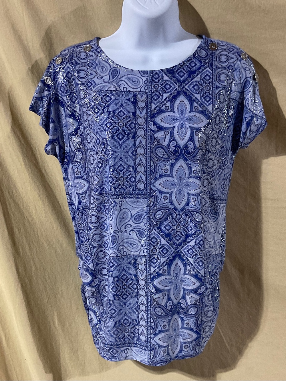 Size S Blue Paisley Patchwork Short Sleeve Top
